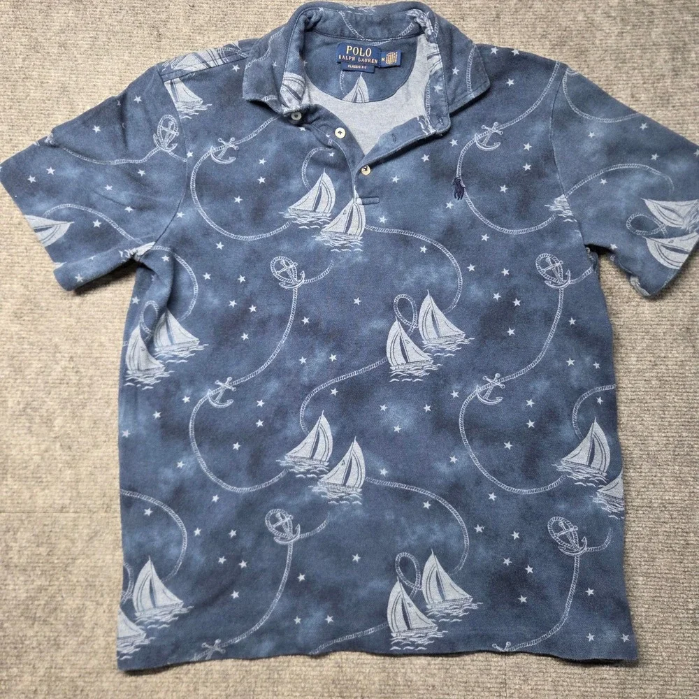 Polo Ralph Lauren Mens Blue Nautical Sailboat Anchor Print Polo Shirt Medium
